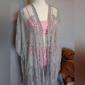 NWT Sheer Gray Lace Kimono Swimsuit Cover Up Poolside One Size